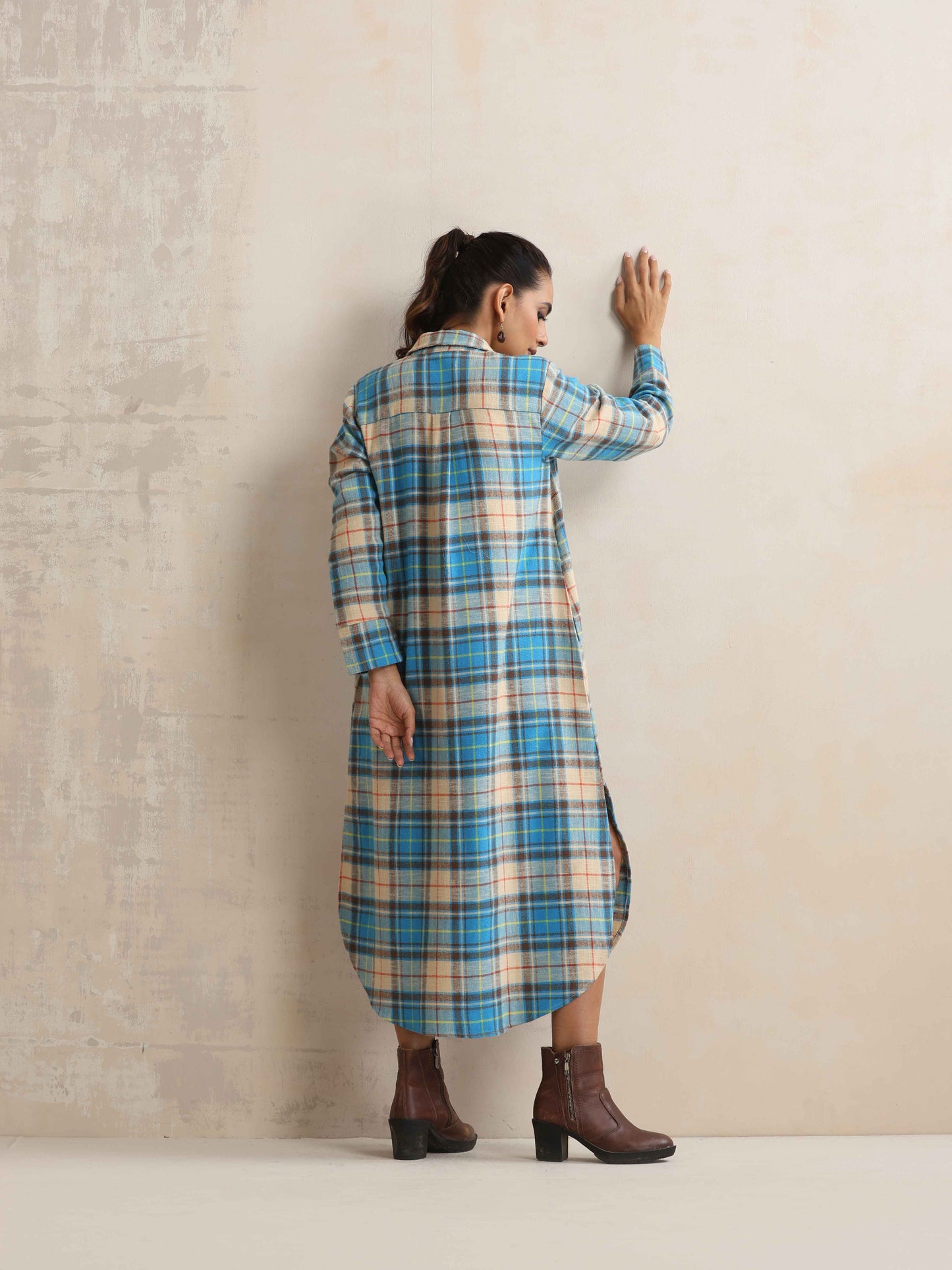 trueBrowns Beige Check Pleated Winter Dress | Swadesiicart