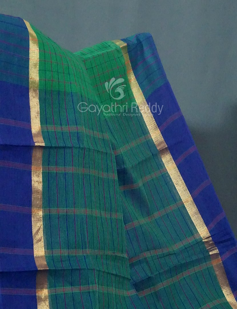 Rama Green With Checks Pure Mangalgiri Cotton Saree By Gayathri Reddy Designer Studio | Swadesiicart