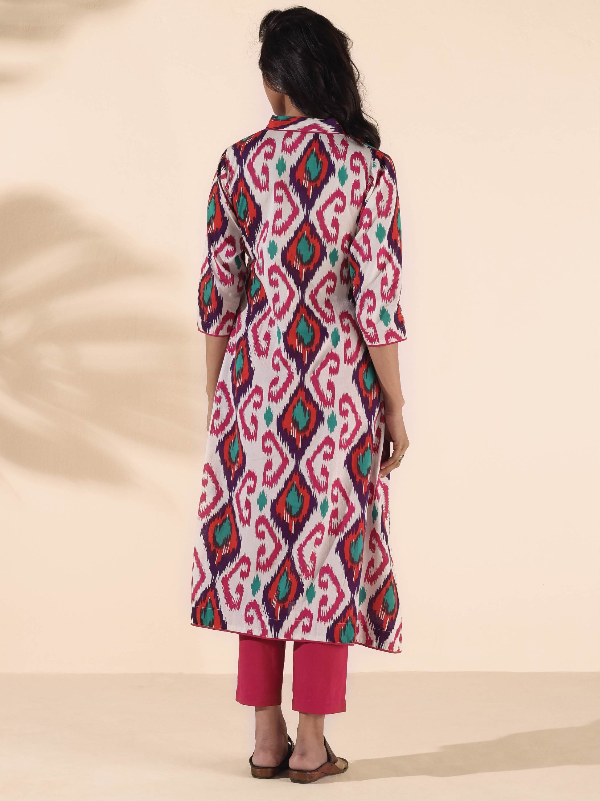 trueBrowns Pink Cotton Ikat Flared Kurta Pant Set | Swadesiicart