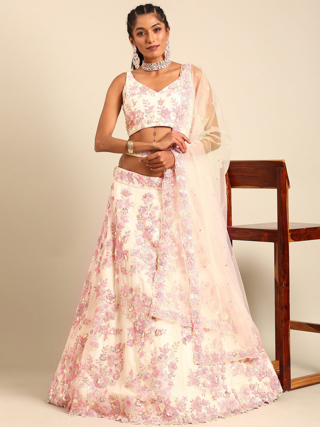 House of Panchhi Cream Net Sequins with heavy Zarkan embroidery Lehenga choli & Dupatta | Swadesiicart