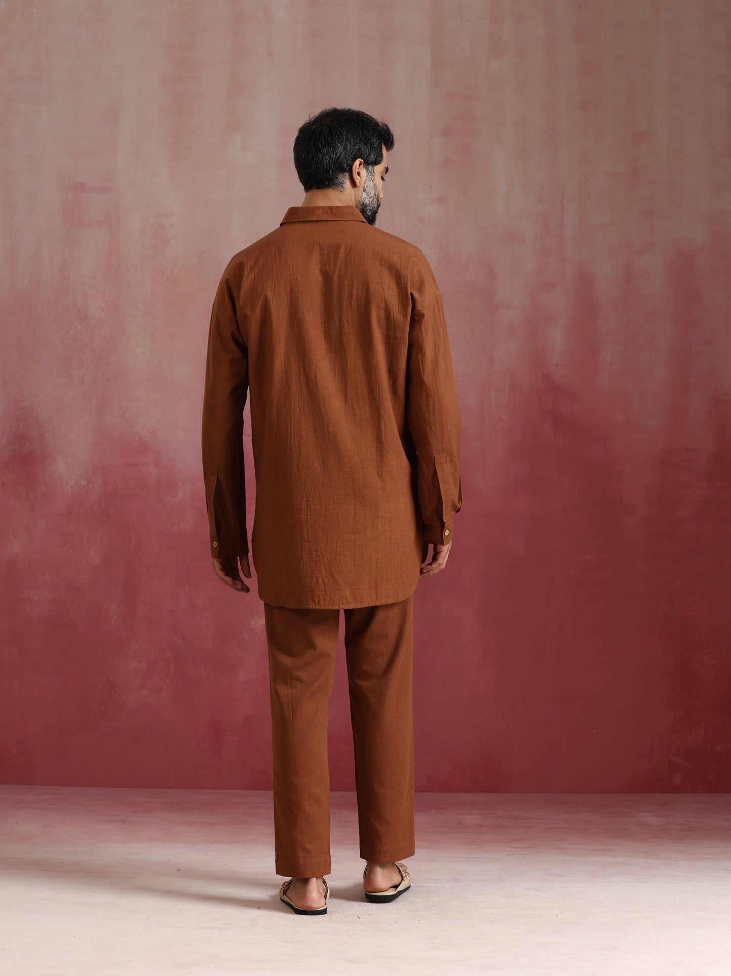 trueBrowns Men's Brown Cotton Shirt Collar Stylized Kurta Co-ord set - Swadesiicart