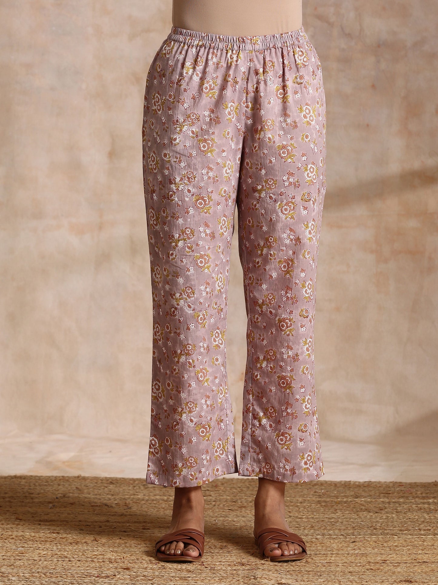 trueBrowns Grey Overall Floral Block Print Cotton Flared Slit Kurta Pant Set | Relove | Swadesiicart