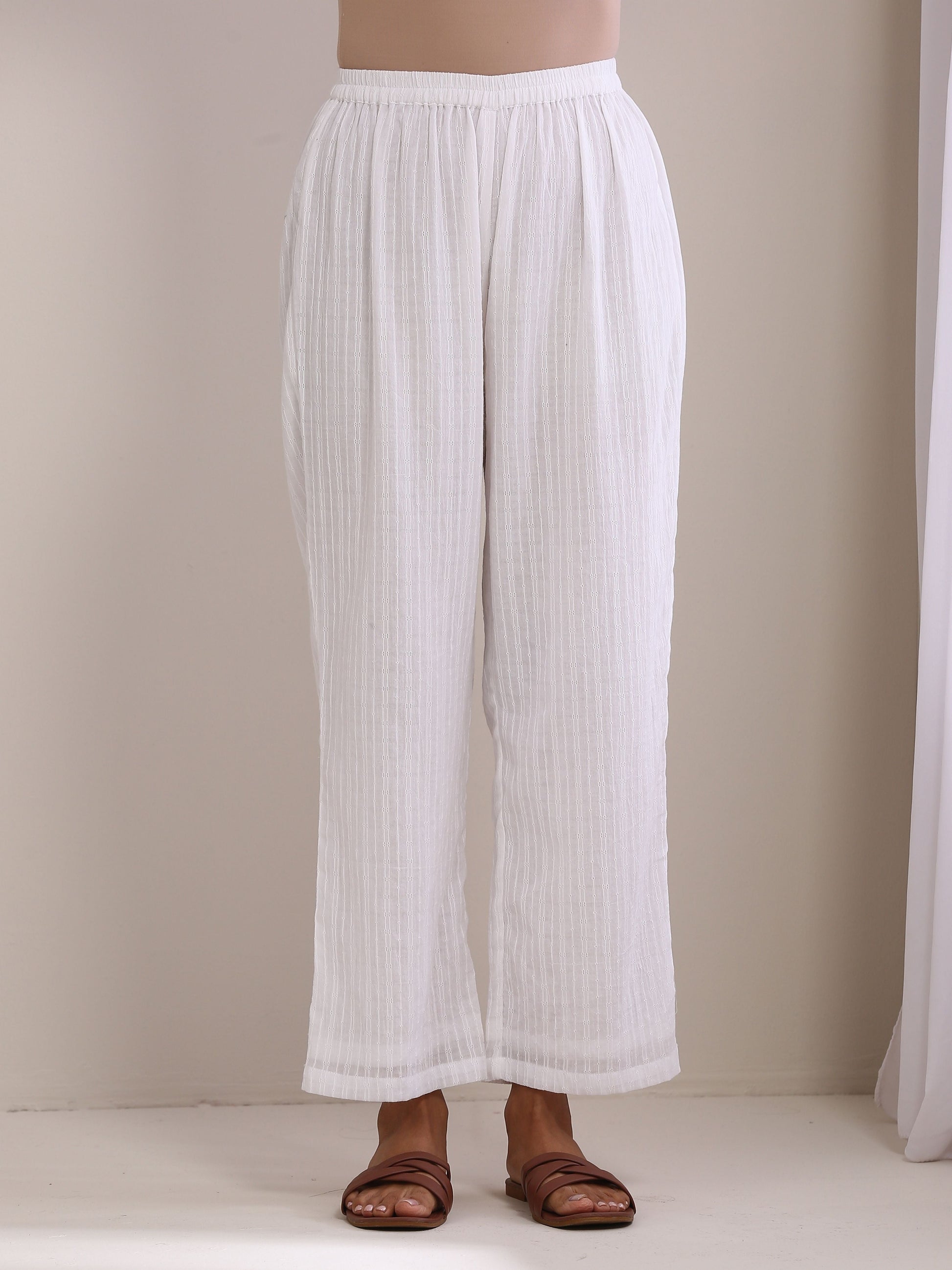 trueBrowns White Dobby Front Pleated Long Kurta Pant Set | Swadesiicart