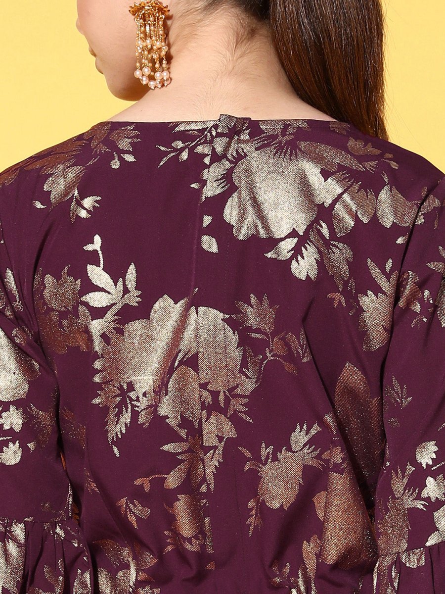 Ahalyaa Burgundy & Gold-Toned Bell Sleeves Printed Ethnic Jumpsuit With Waist Tie-Ups | Swadesiicart