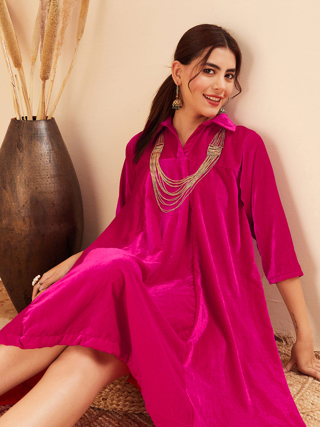 InWeave Women's Fuchsia Velvet Collared Neck Flared Midi Dress - Swadesiicart