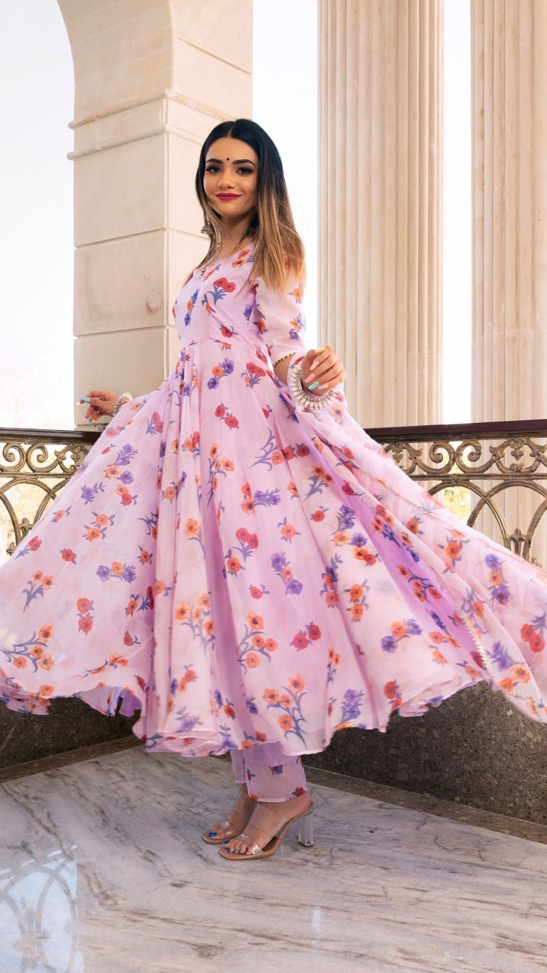 Pomcha Jaipur Lavender Gangaur Printed Organza Anarkali | Swadesiicart