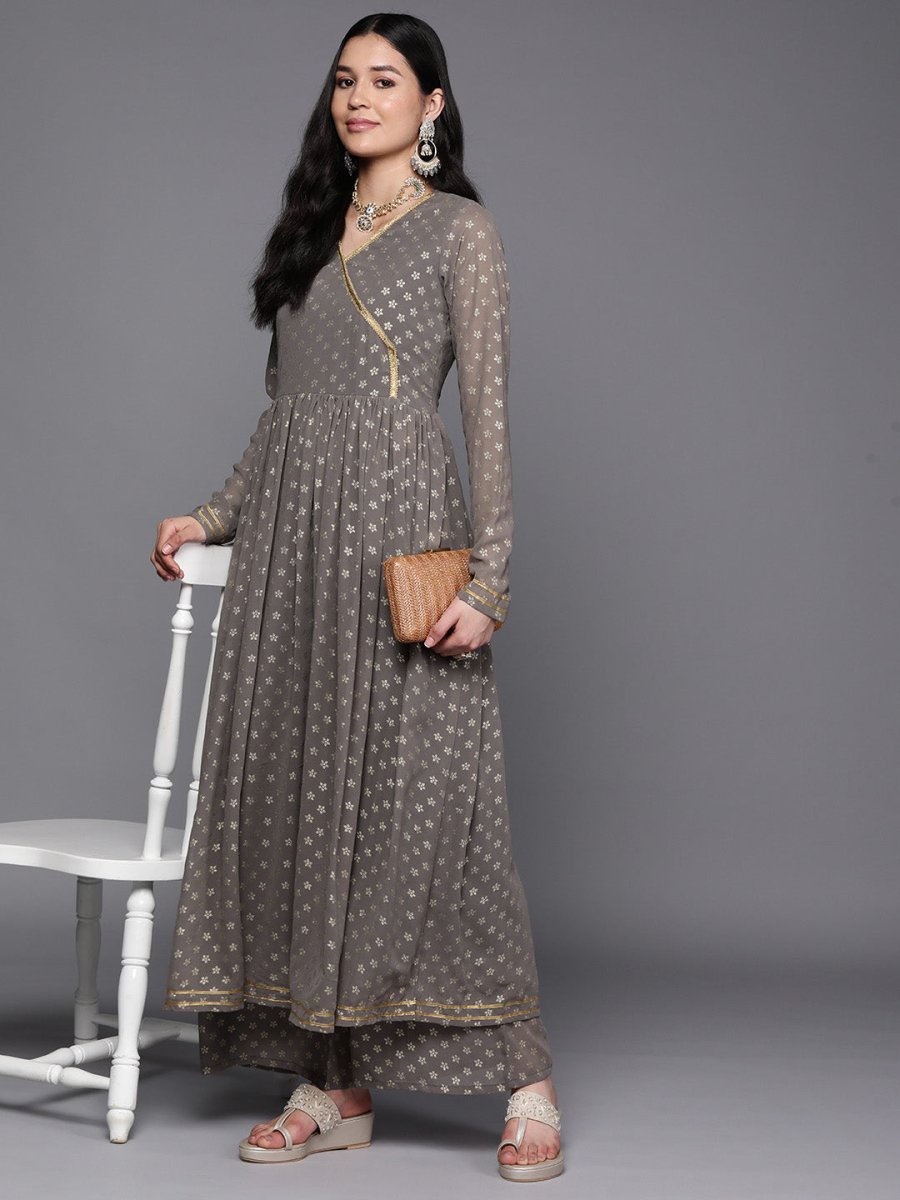 Ahalyaa Women Grey Floral Empire Kurta with Palazzos | Swadesiicart