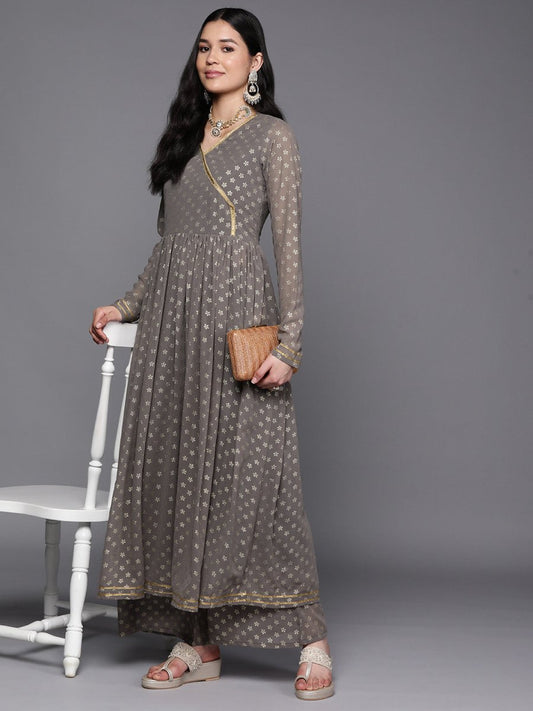 Ahalyaa Women Grey Floral Empire Kurta with Palazzos | Swadesiicart