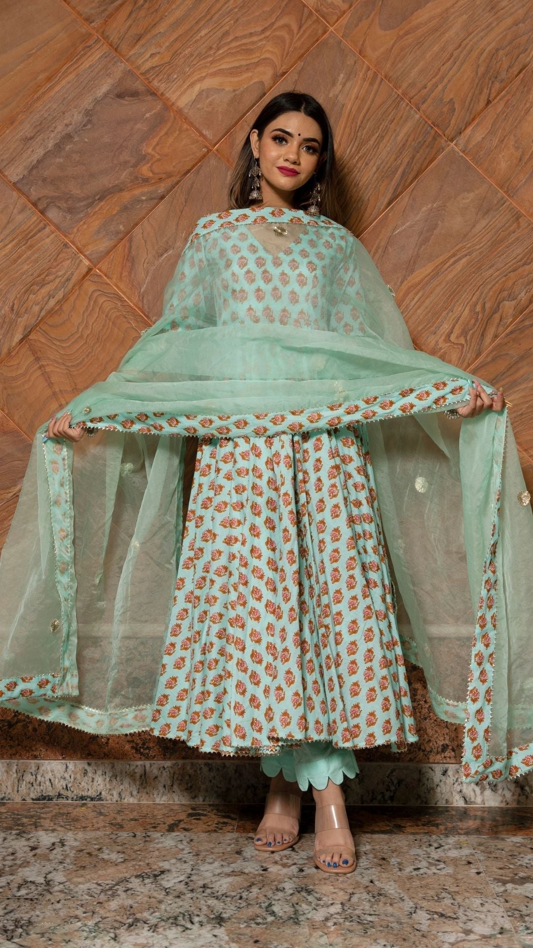 Pomcha Jaipur Lilly Of Valley Hand Block Anarkali Set | Swadesiicart