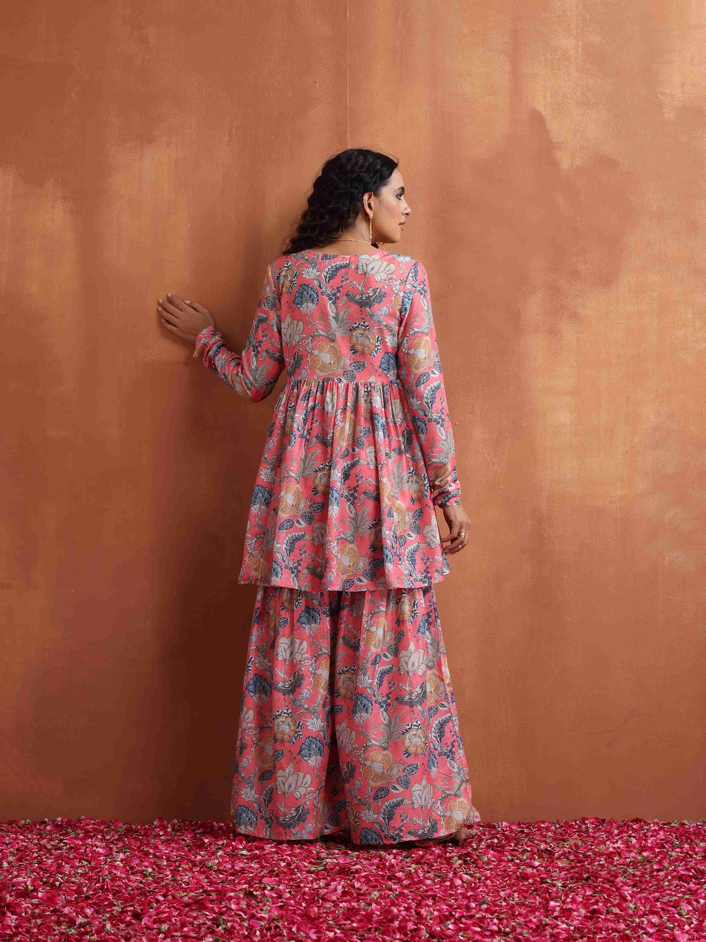 trueBrowns Orange Print Sharara Set | Swadesiicart