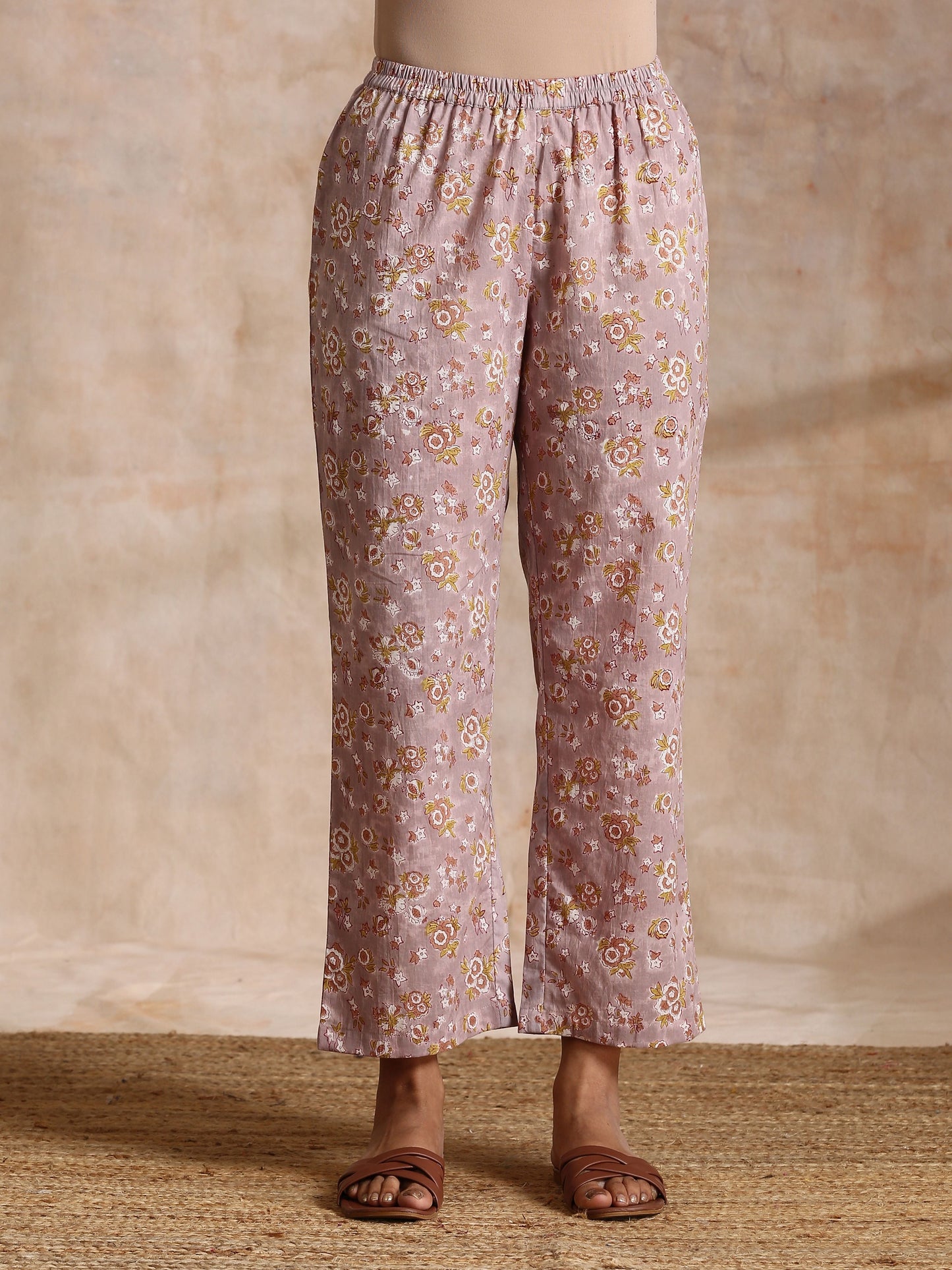 trueBrowns Grey Overall Floral Block Print Cotton Flared Slit Kurta Pant Set | Swadesiicart