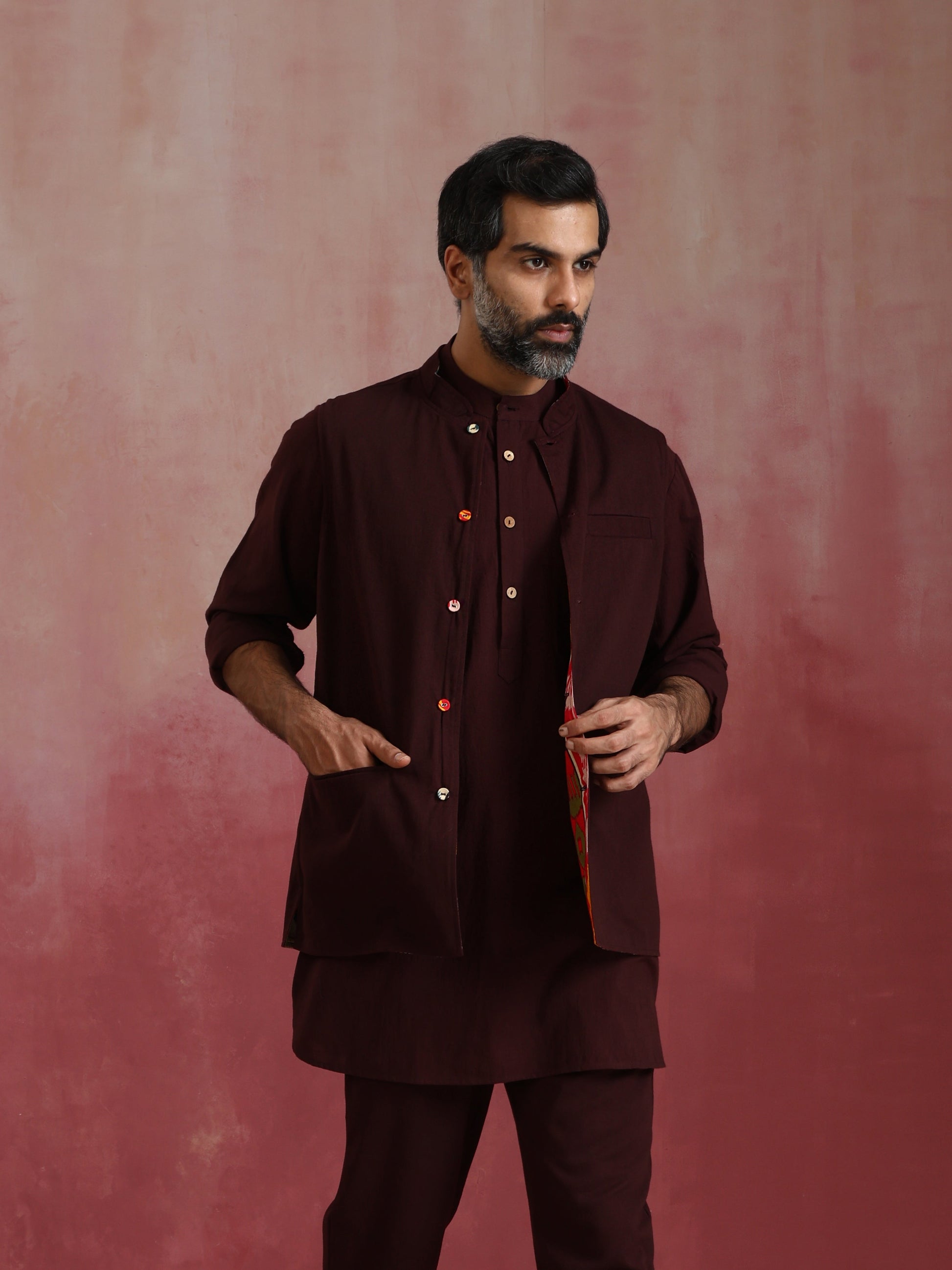 trueBrowns Men's Cola Ikat Print Cotton Reversible Nehru Jacket | Swadesiicart