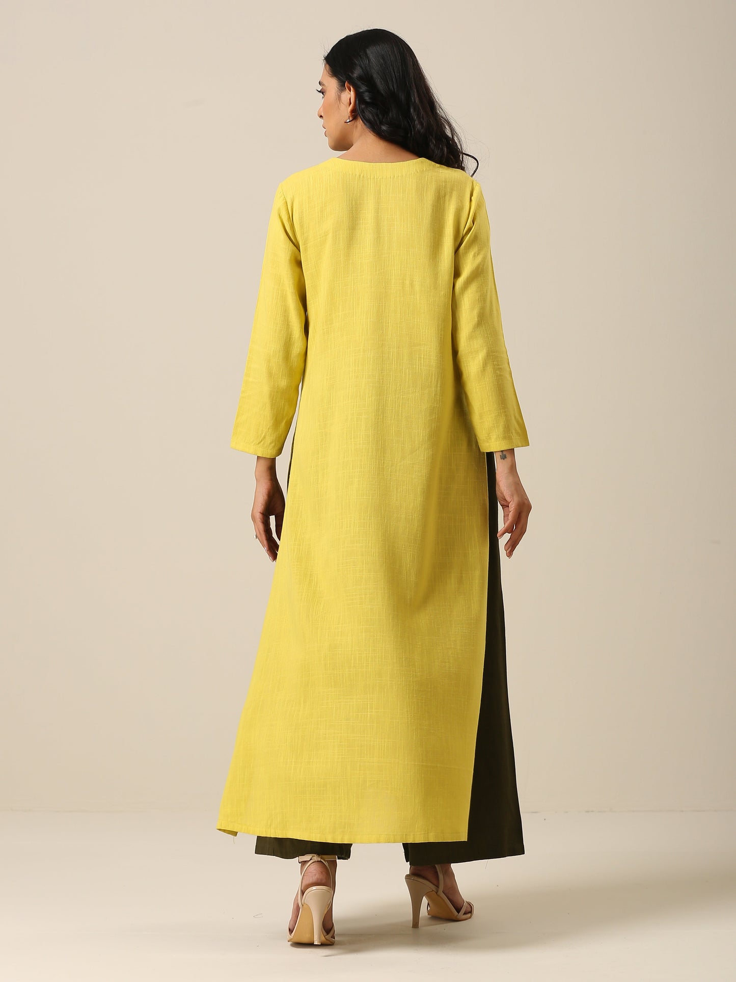 trueBrowns Lime Slub Texture Slit Kurta Palazzo Set | Swadesiicart