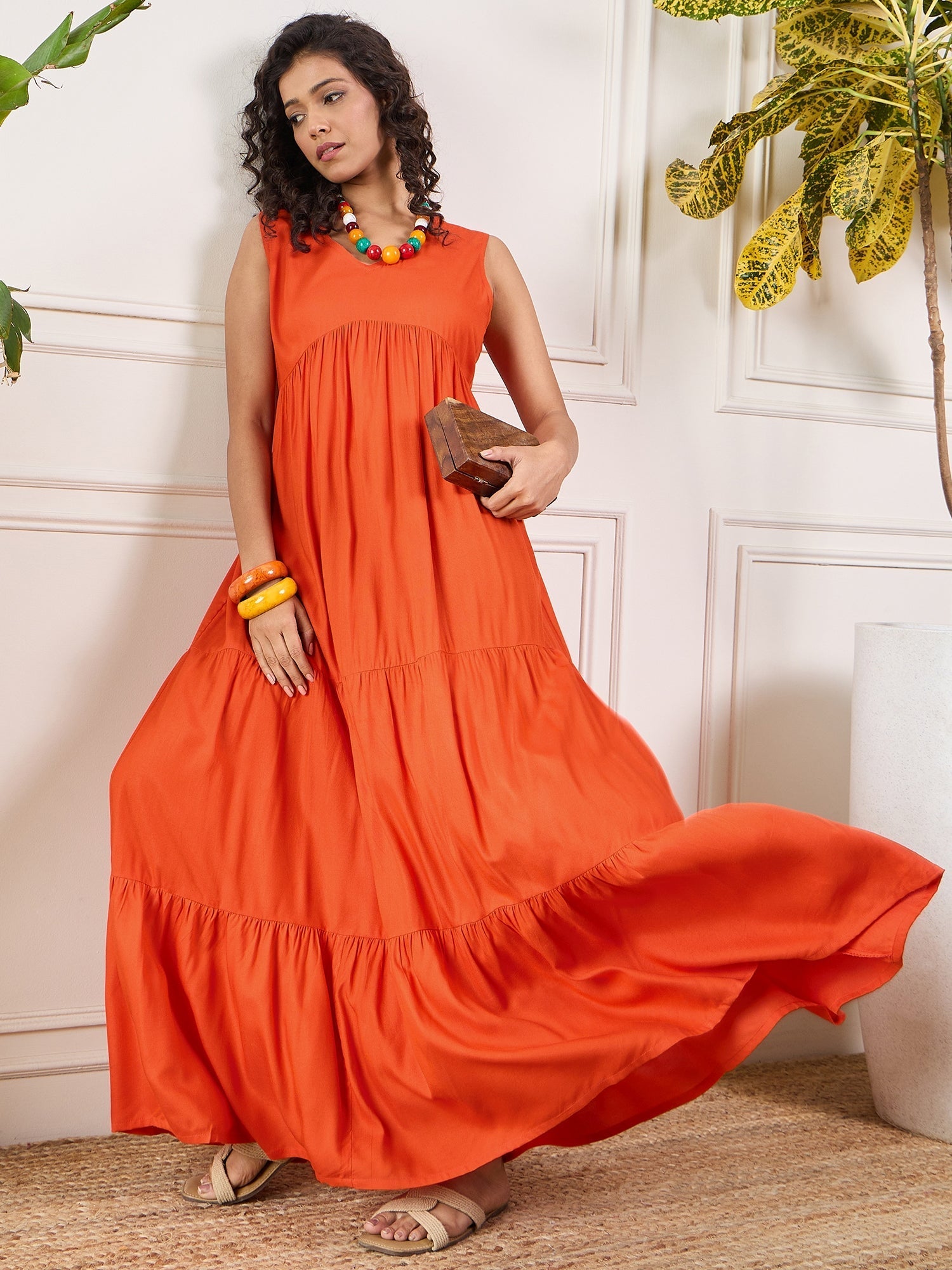 InWeave Orange V Neck Sleeveless Long Tiered Dress - Swadesiicart