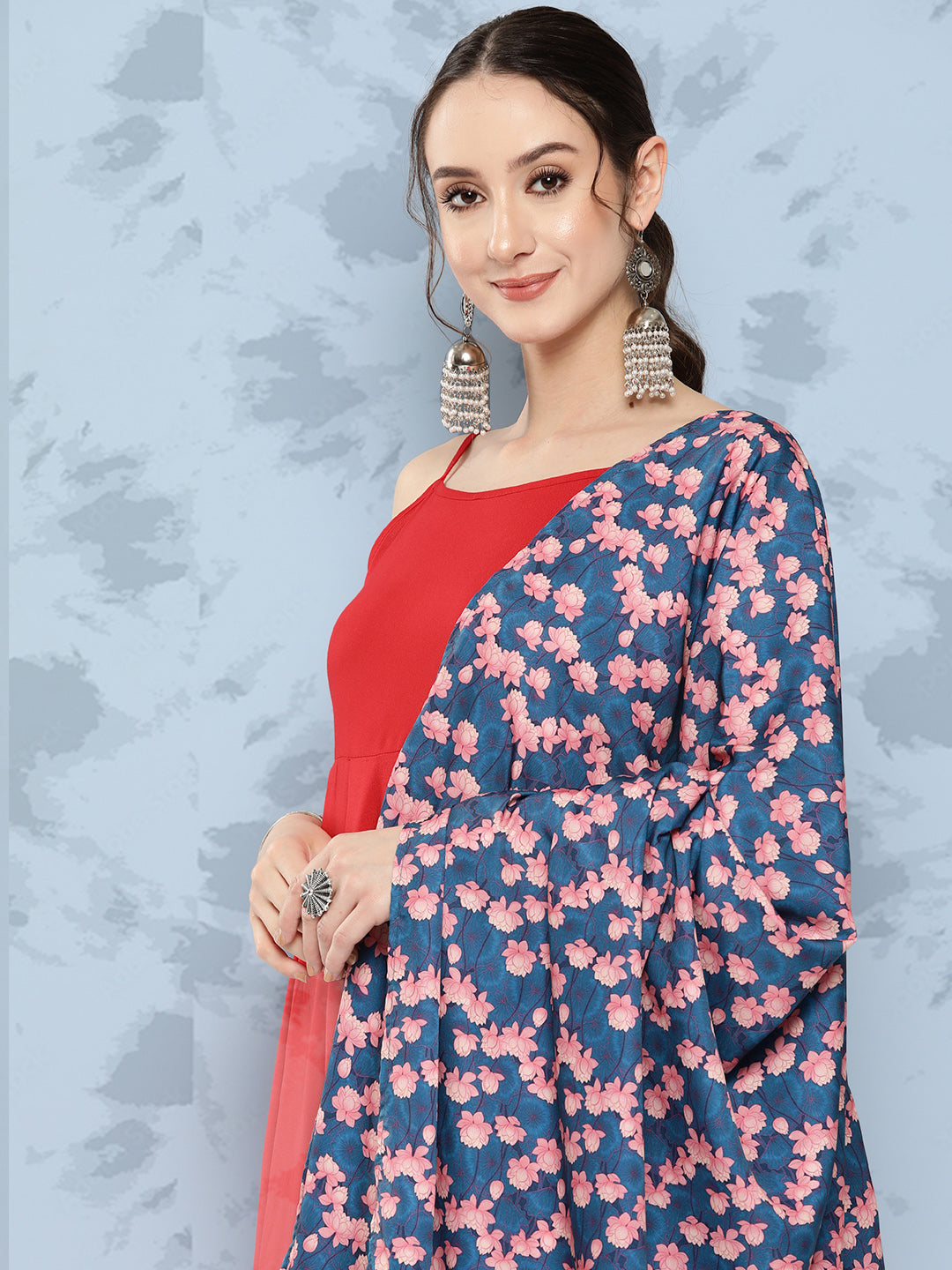 InWeave Women's Red Strappy Set W Navy Pink Lotus Cr Duptta - Swadesiicart