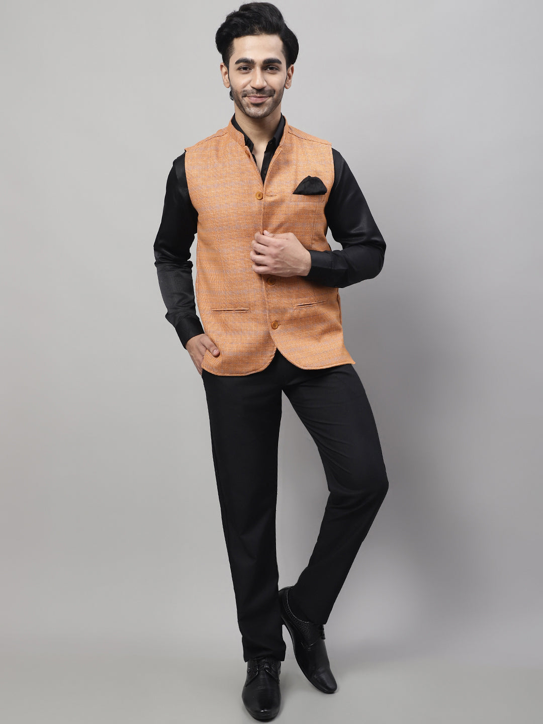 Even Apparels Men's Orange Nehru Jacket With Welt Pockets | Swadesiicart