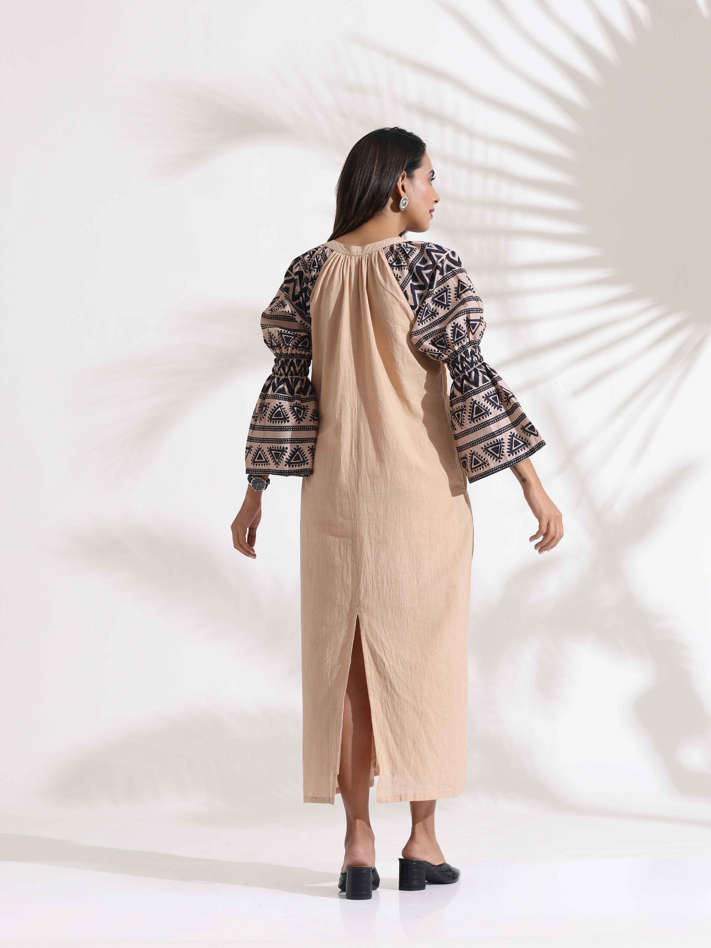 trueBrowns Beige Cotton Print Long Dress | Swadesiicart