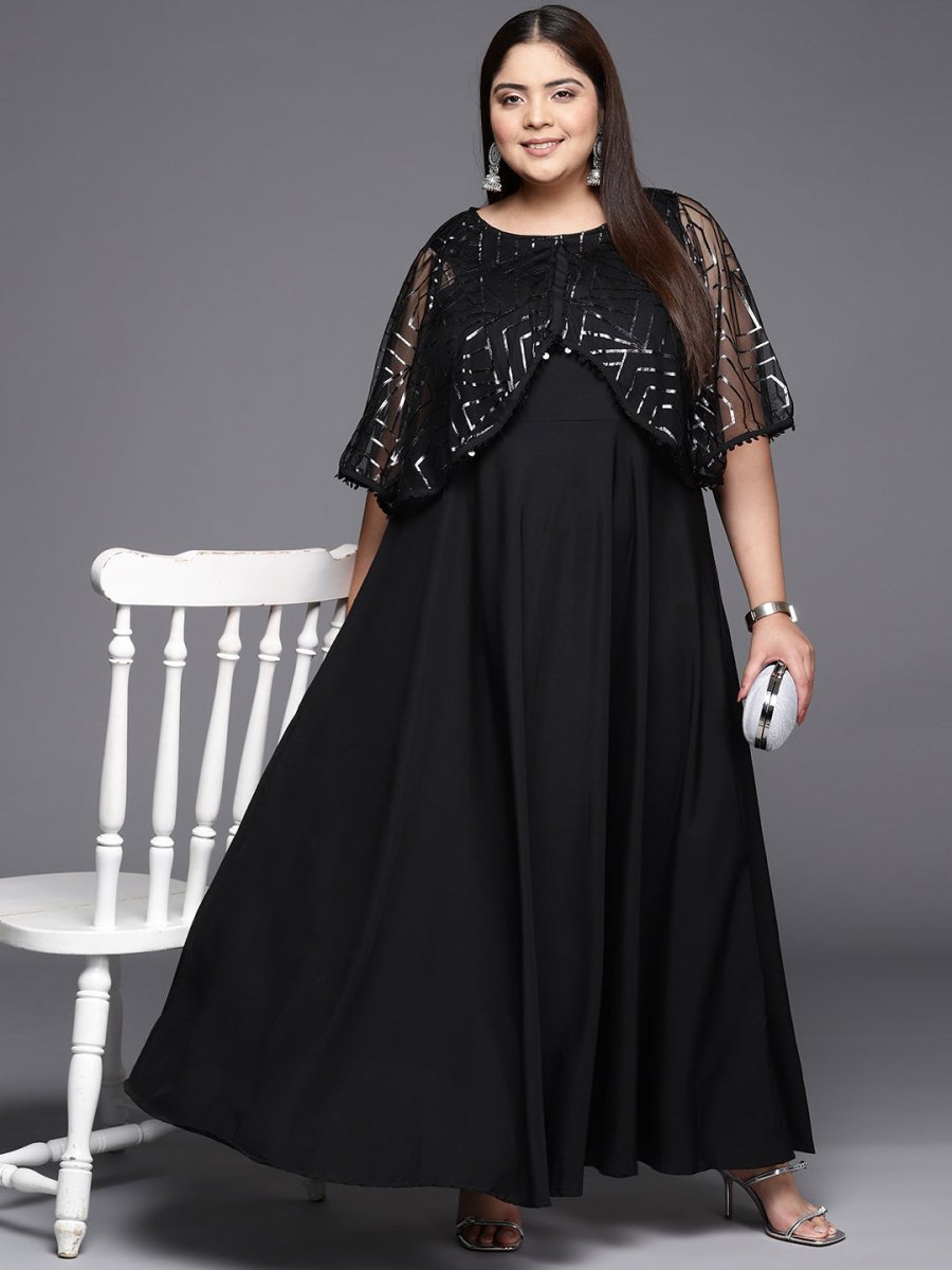 Ahalyaa Plus Size Geometric Print Crepe Layered A-line Maxi Ethnic Dress | Swadesiicart