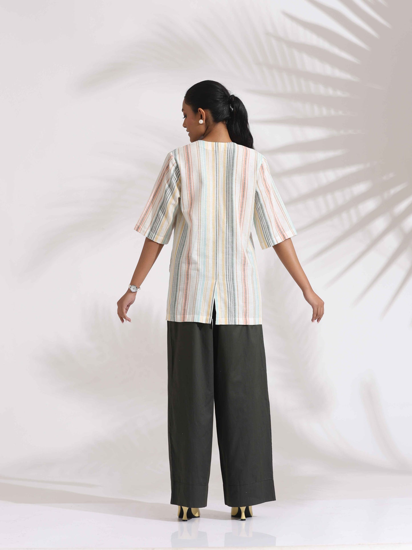trueBrowns Off-White Cotton Stripe Jacket Top Co-ord Set - Swadesiicart