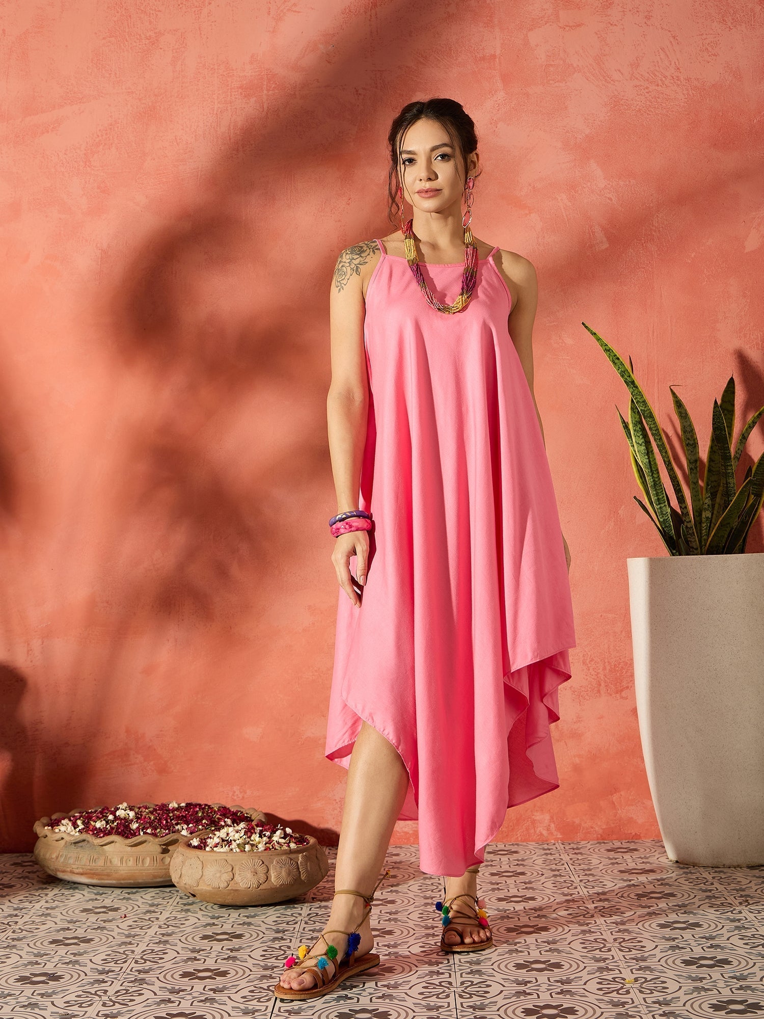 InWeave Purple Floral Peach Asymmetrical Dress - Swadesiicart