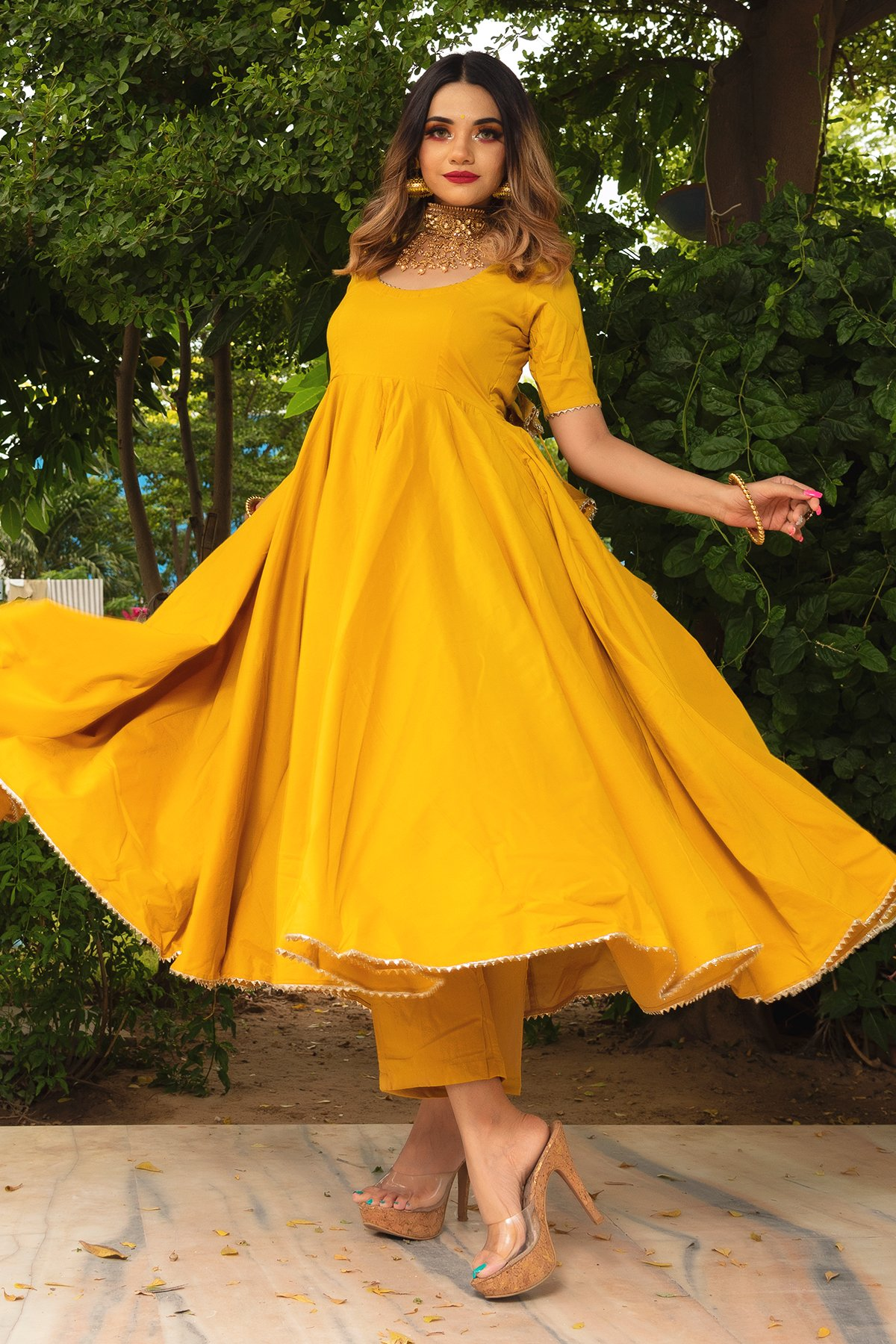 Pomcha Jaipur Rosemarry Yellow Cotton Anarkali Set | Swadesiicart