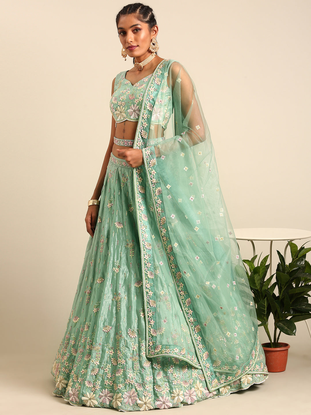 House of Panchhi Sea Green Georgette heavy Sequinse embroidery Lehenga choli & Dupatta | Swadesiicart