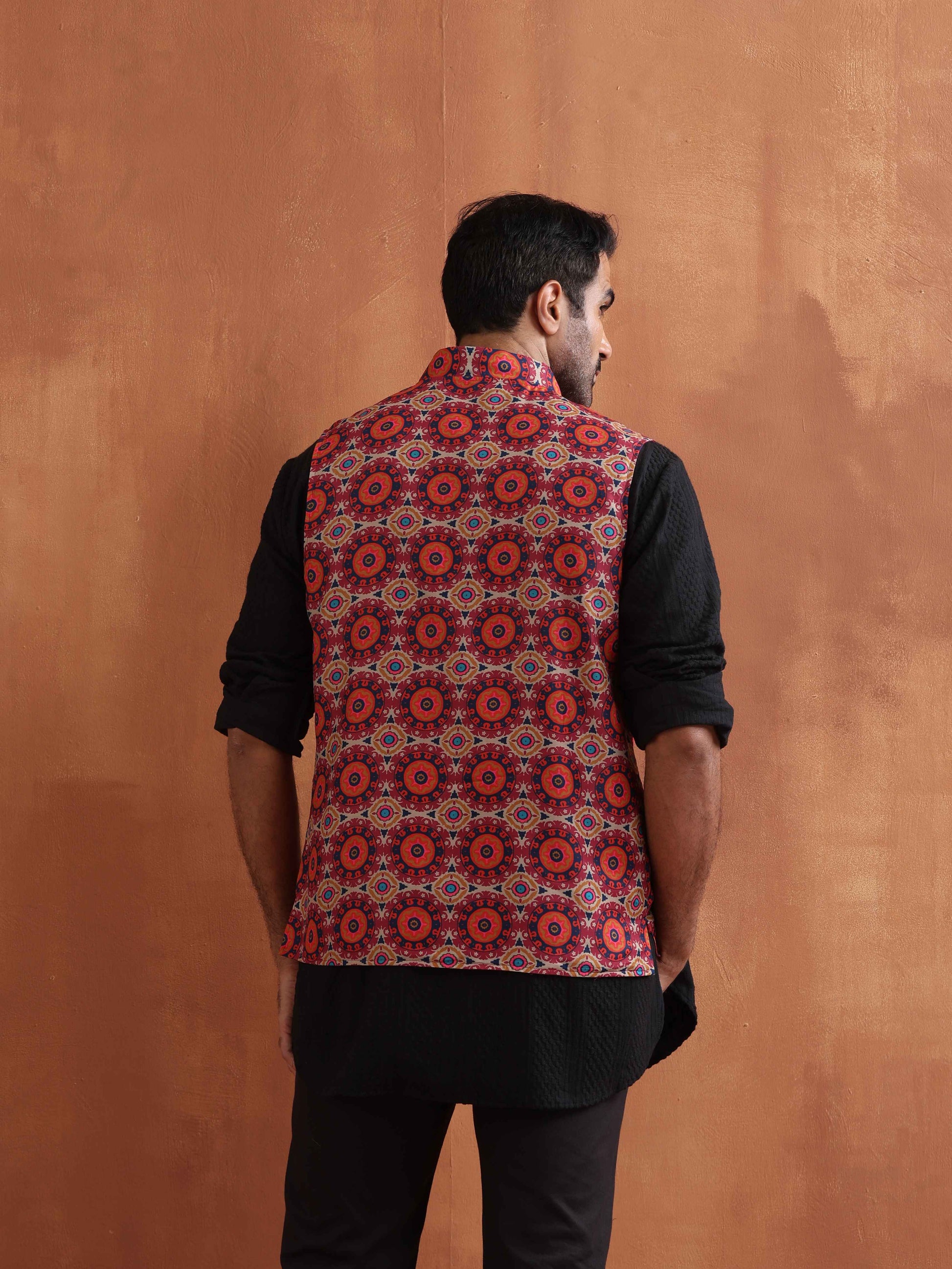 trueBrowns Men's Beige Printed Nehru Jacket | Swadesiicart