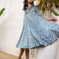 InWeave Aqua Blue Floral Grey Jaal Collar Flared Dress - Swadesiicart