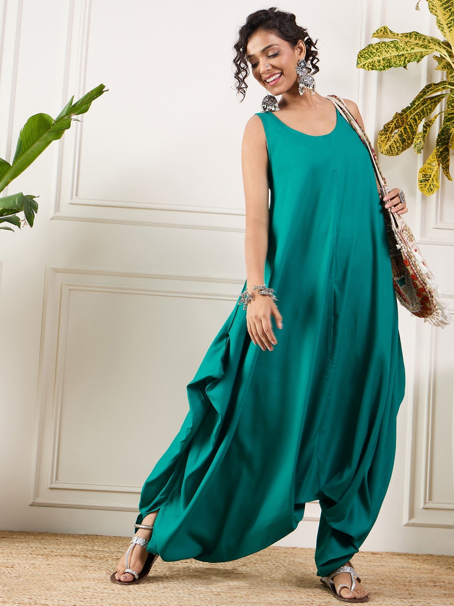 InWeave Teal Round Sleeveless Jumpsuit - Swadesiicart