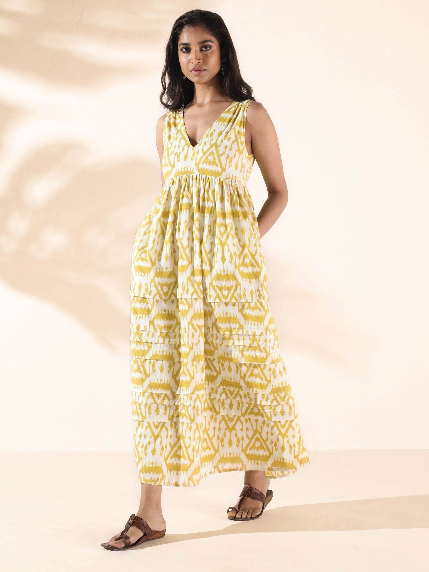trueBrowns Lime Cotton Ikat Sleeveless Flared Dress | Swadesiicart
