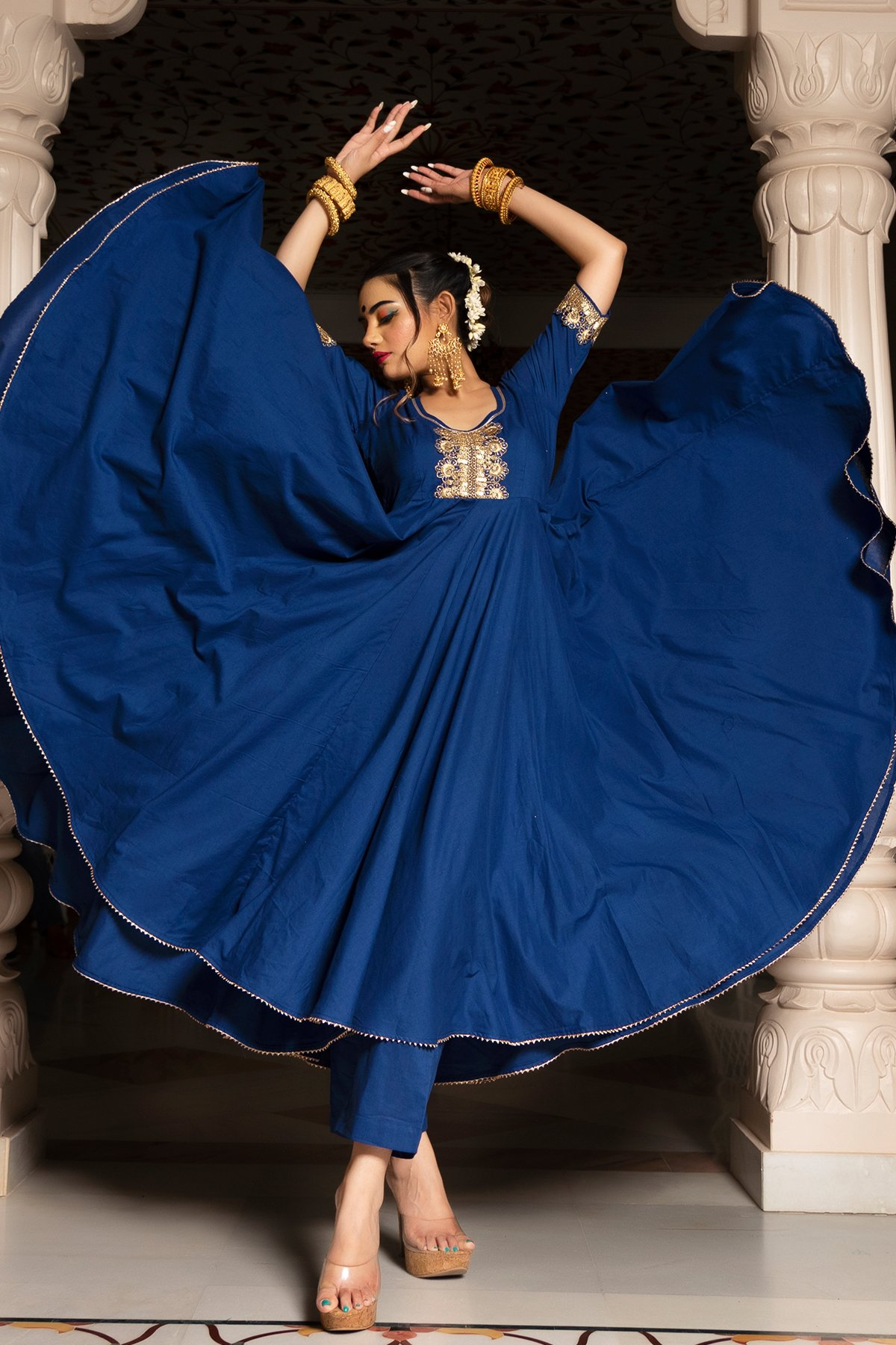 Pomcha Jaipur Minakari Blue Anarkali Set | Swadesiicart