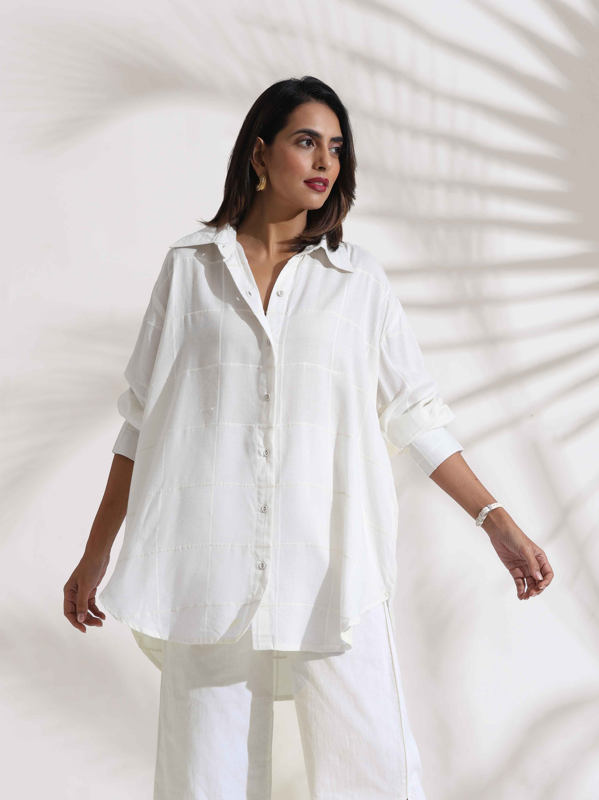 trueBrowns White Cotton Check Shirt Co-ord Set - Swadesiicart