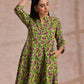 trueBrowns Lime Green Overall Pink Floral Block Print Cotton Flared Kurta Pant Set | Swadesiicart