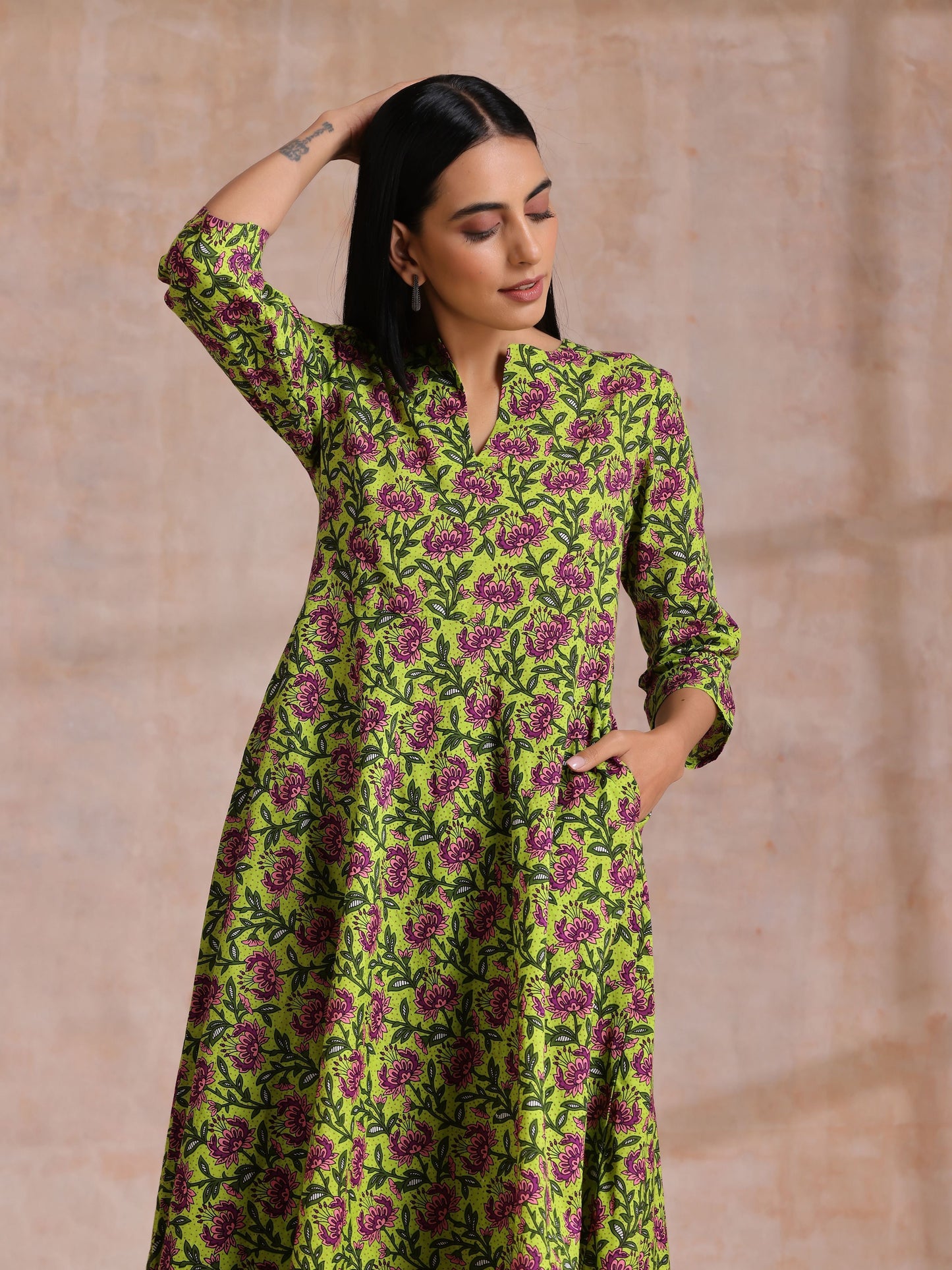trueBrowns Lime Green Overall Pink Floral Block Print Cotton Flared Kurta Pant Set | Swadesiicart