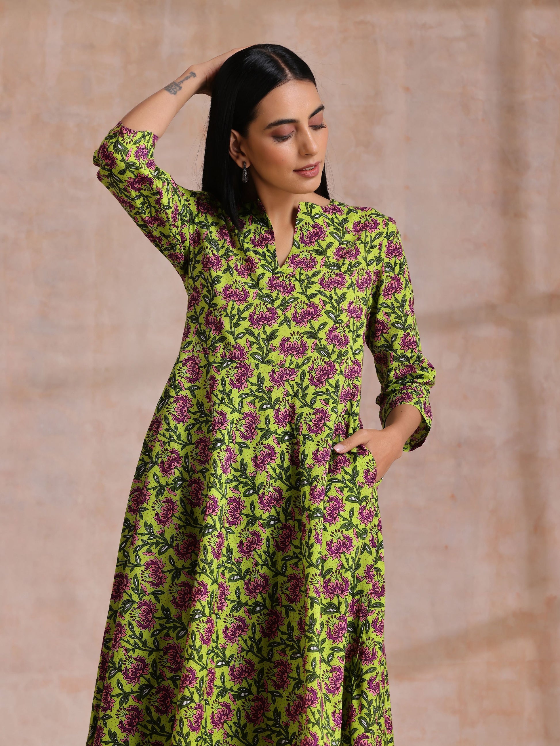 trueBrowns Lime Green Overall Pink Floral Block Print Cotton Flared Kurta Pant Set | Swadesiicart