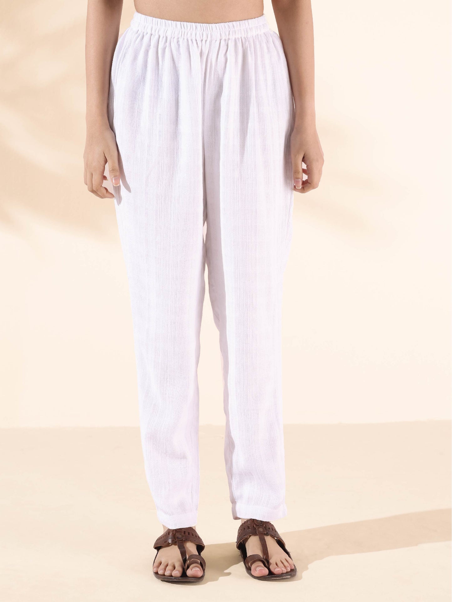 trueBrowns White Cotton Dobby Kurta Pant Set | Swadesiicart