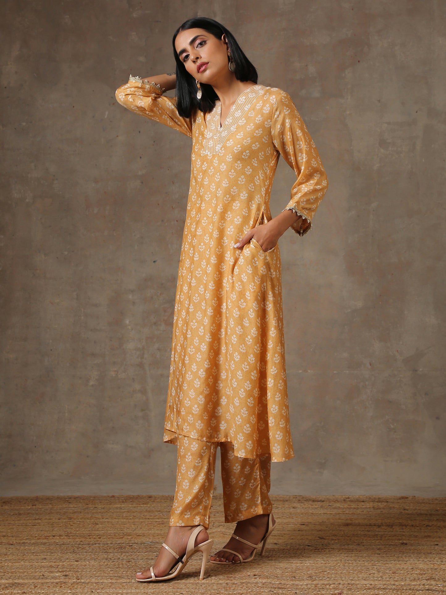 trueBrowns Beige White Flared Printed Silk Kurta Pant Set | Swadesiicart