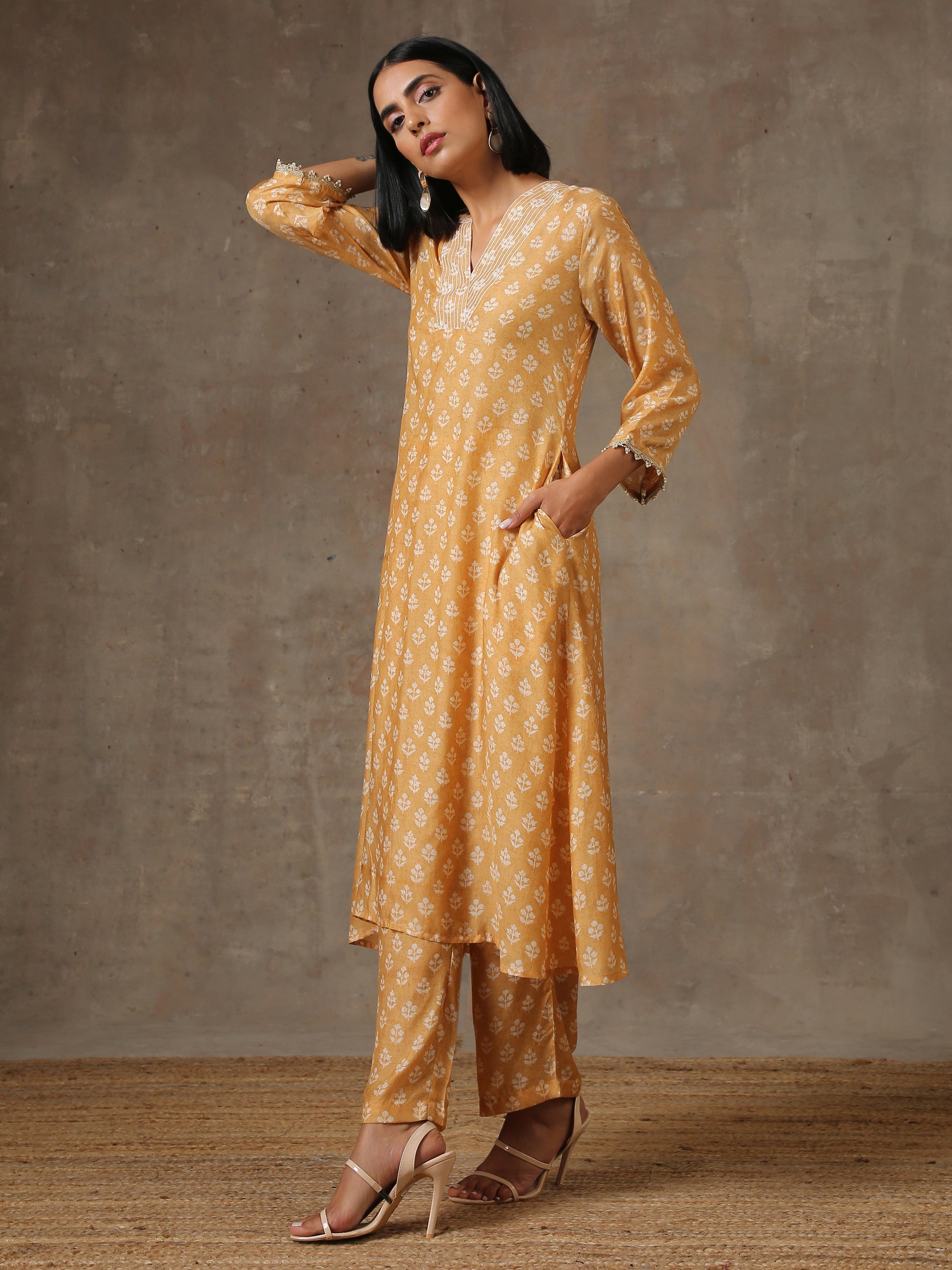 trueBrowns Beige White Flared Printed Silk Kurta Pant Set | Swadesiicart