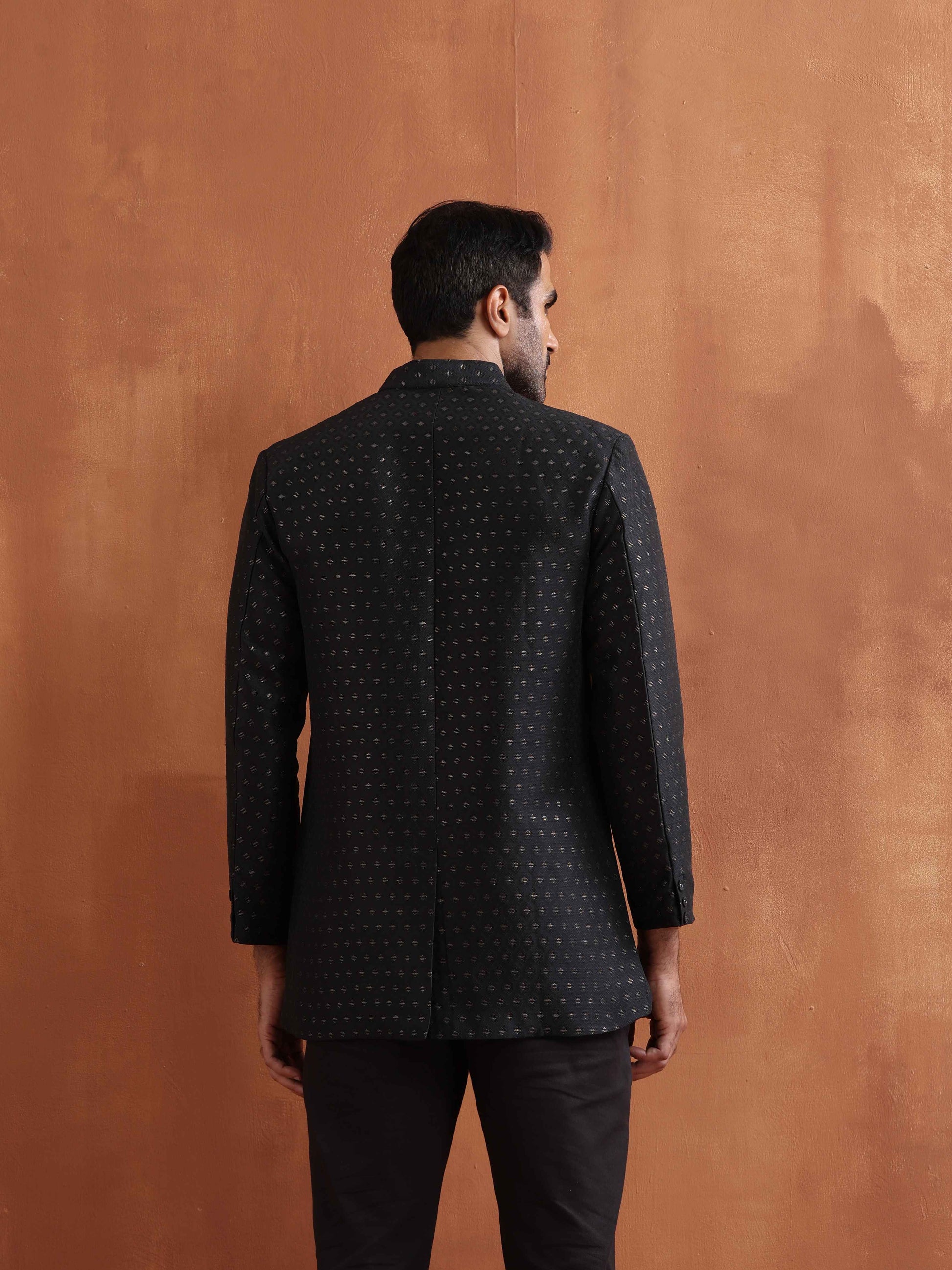 trueBrowns Men's Black Chanderi Long Jacket | Swadesiicart