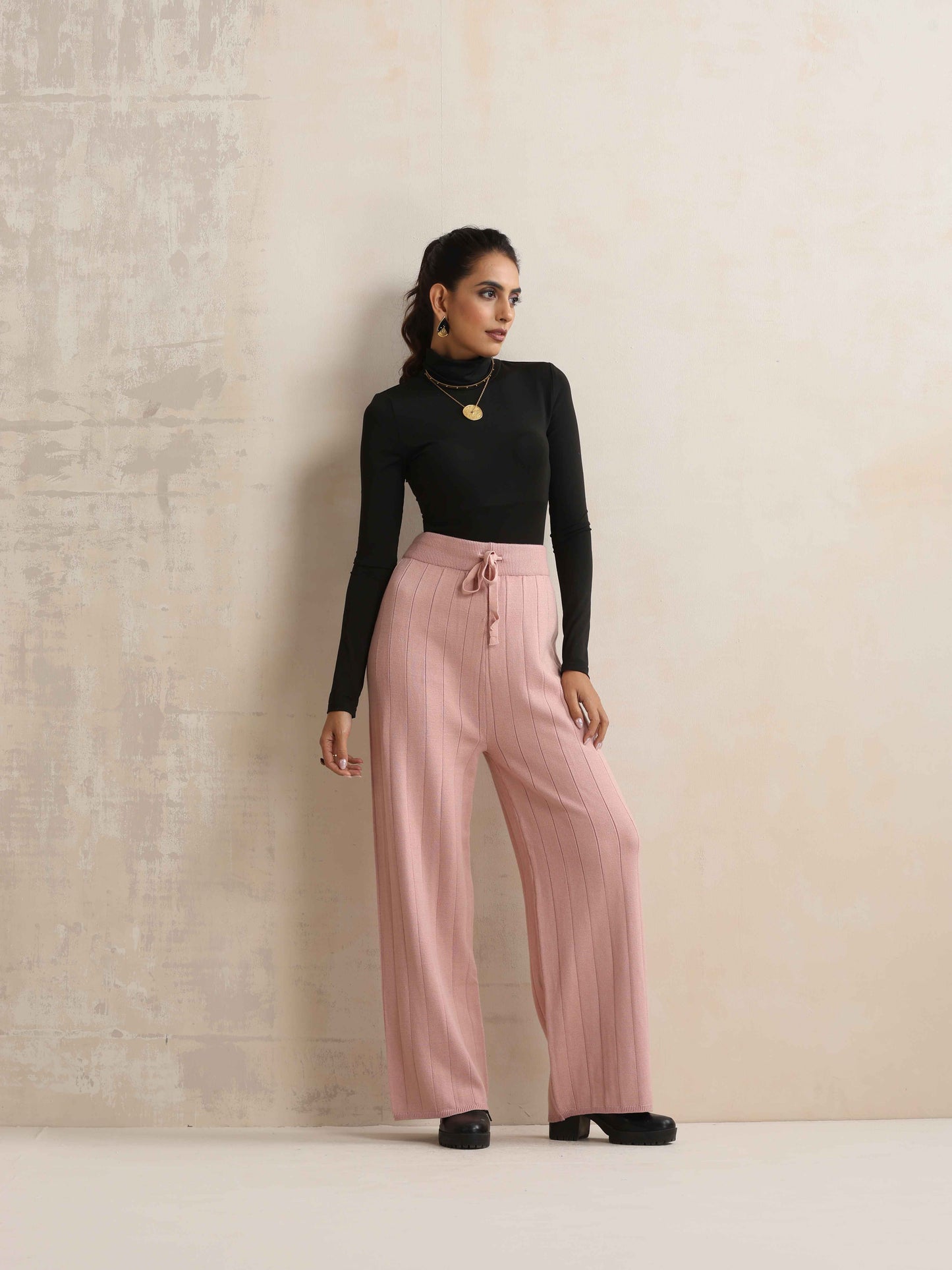 trueBrowns Pink Woollen Flared Pants | Swadesiicart