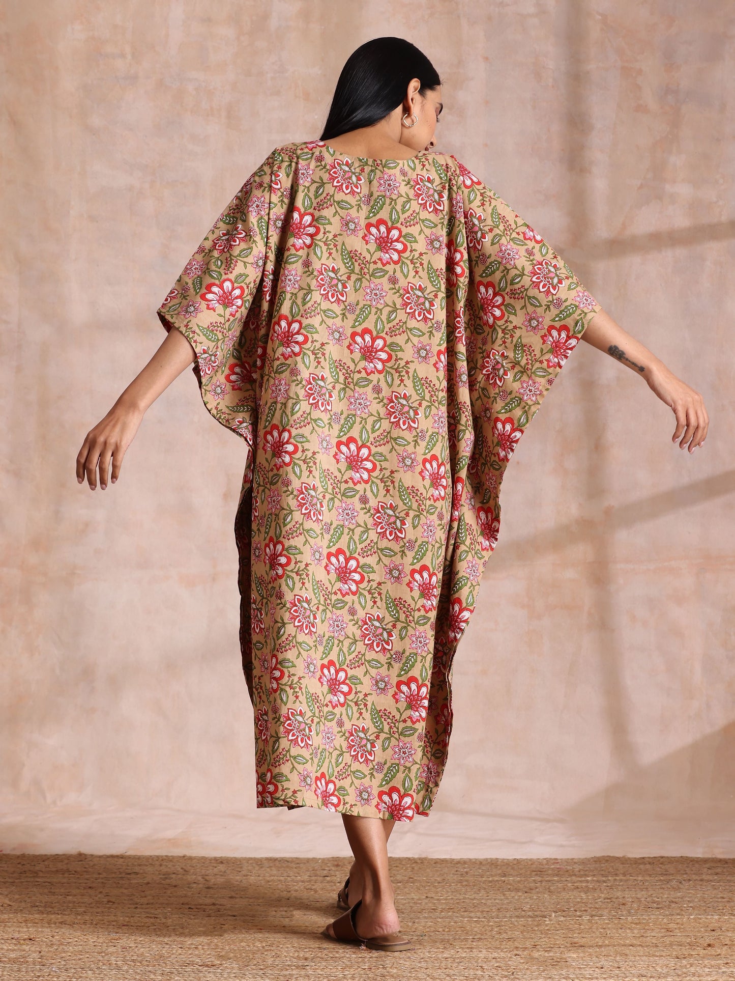 trueBrowns Beige Overall Big Floral Block Print Cotton Kaftan Dress | Swadesiicart