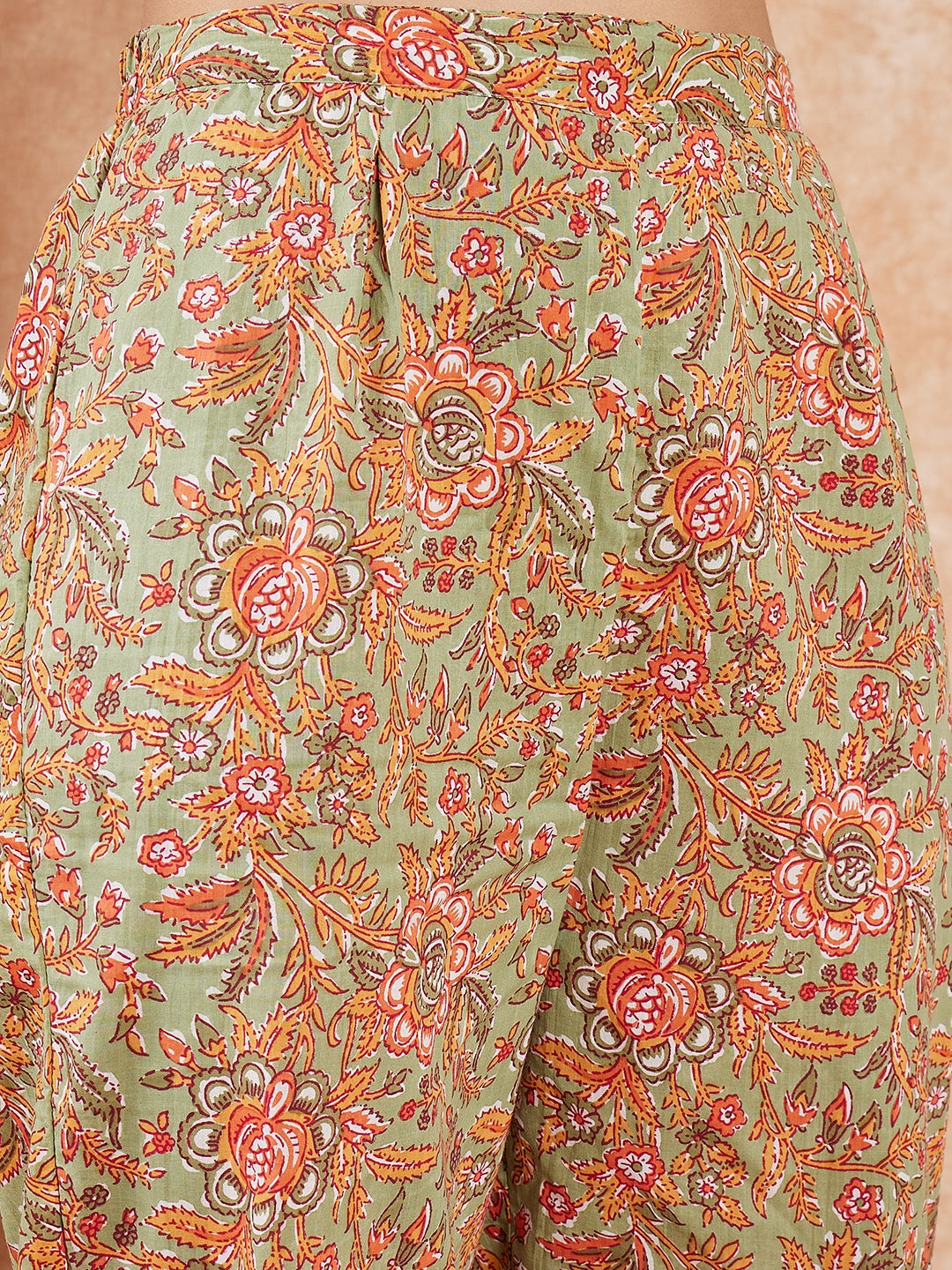 InWeave Women's Pear Green Orange Floral Print Flared Kurta Pant Set - Swadesiicart