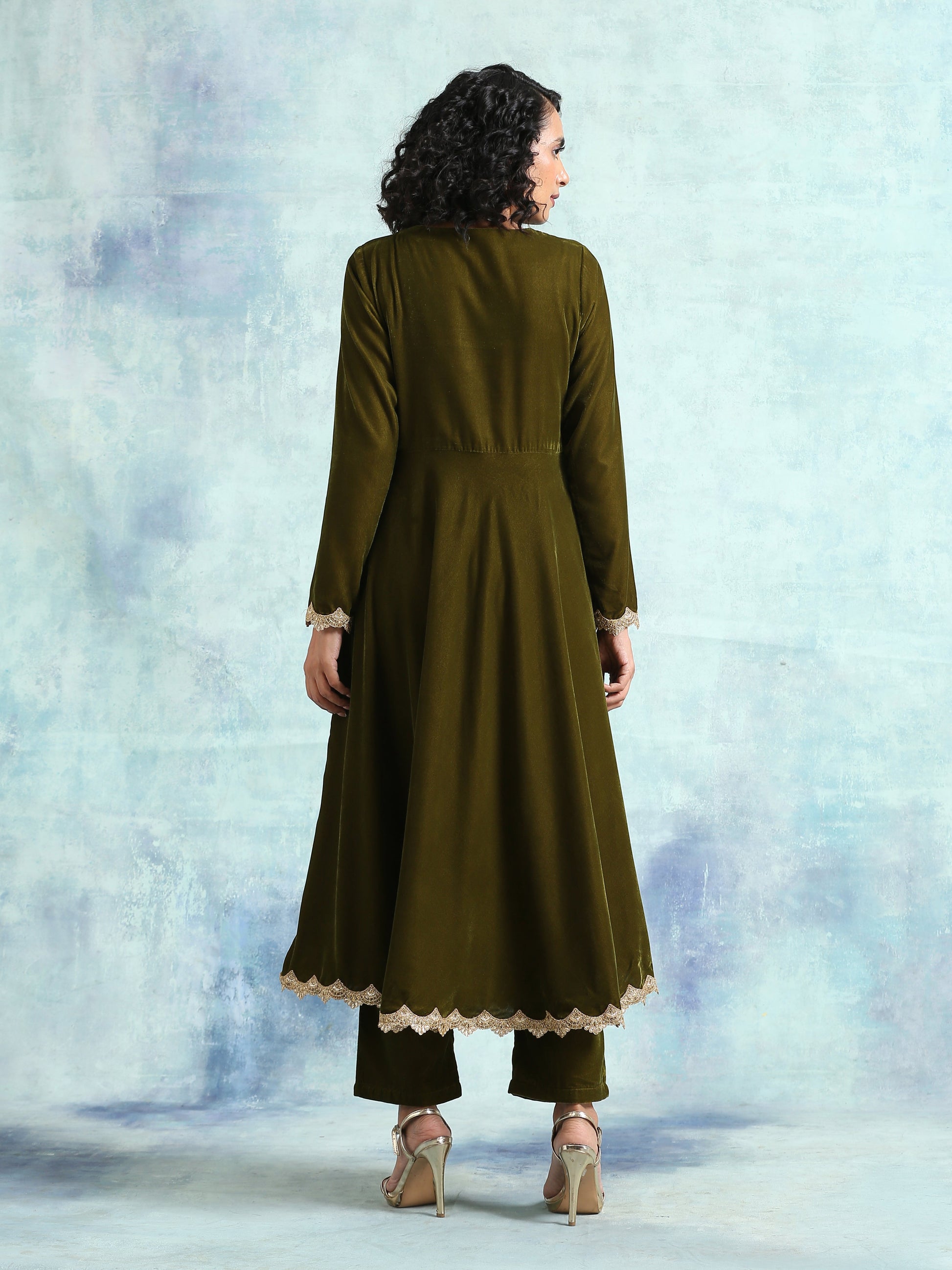 trueBrowns Mehandi Velvet Anarkali Kurta | Swadesiicart