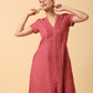 trueBrowns Cotton Linen Rust Red Pleated Dress | Swadesiicart