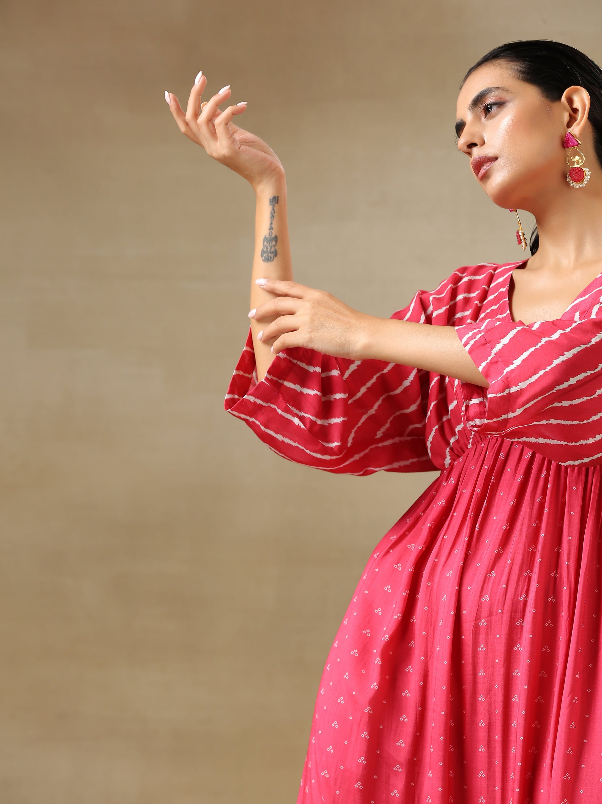 trueBrowns Pink Bandhani Printed Silk Drop Shoulder Dress | Swadesiicart