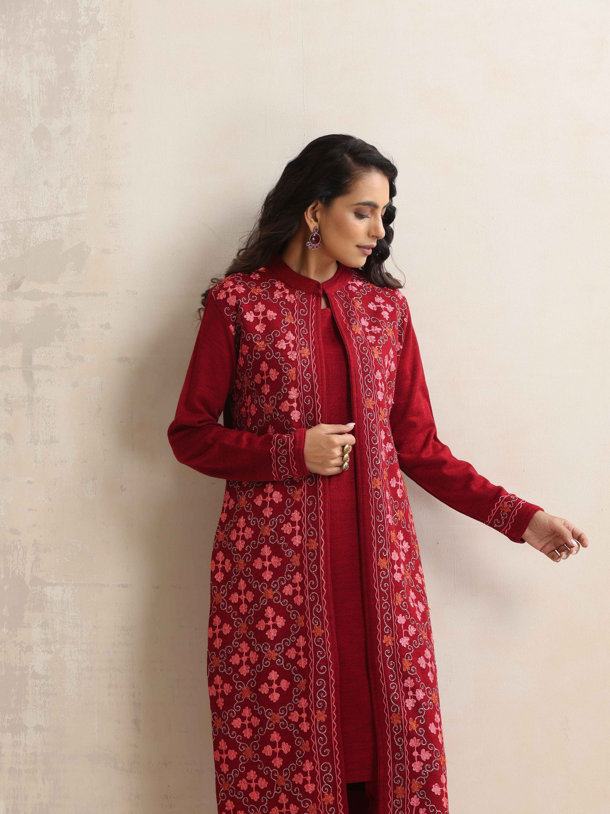 trueBrowns Maroon Kashmiri Woollen Jacket 3pc Set | Swadesiicart