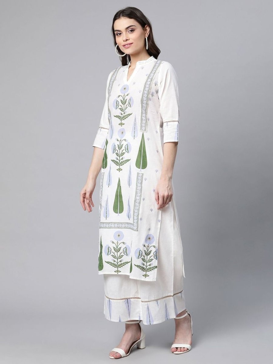 Ahalyaa Women Off White Colour Pure Cotton Printed Kurta Palazzo Set With Dupatta | Swadesiicart