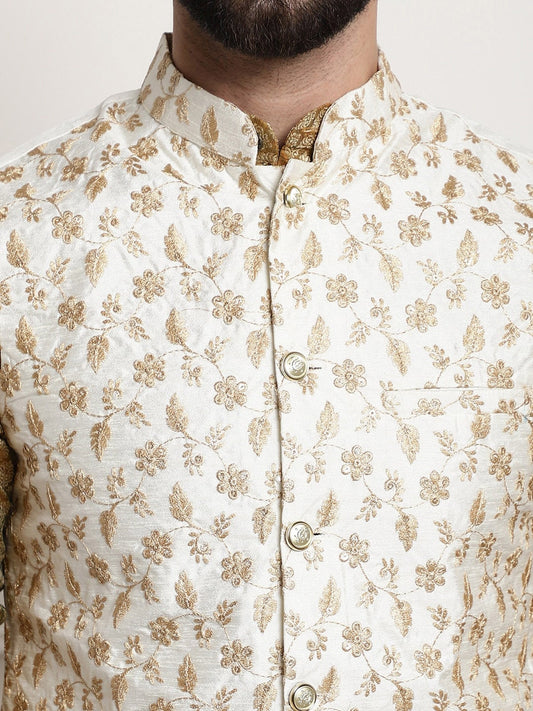 Sojanya Woven Design Mandarin Collar Kurta with Churidar & Nehru Jacket | Swadesiicart