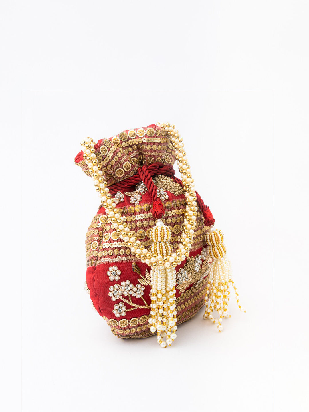 NR By Nidhi Rathi Maroon & Gold-Toned Persia Embroidered Potli Clutch - Swadesiicart