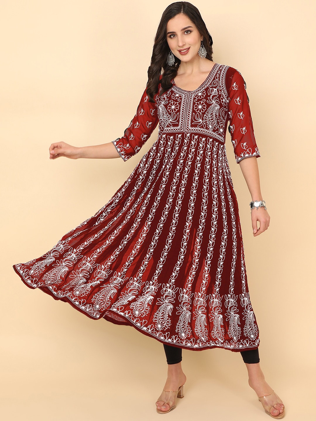HERE&NOW Scoop Neck Chikankari Embroidered Thread Work Georgette Anarkali Kurta | Swadesiicart